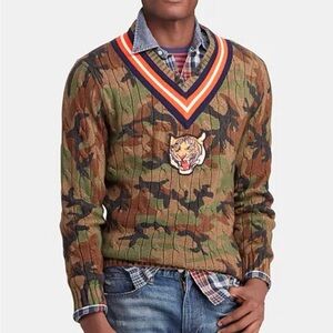 Polo by Ralph Lauren Camouflage V-Neck Sweater with Tiger Patch